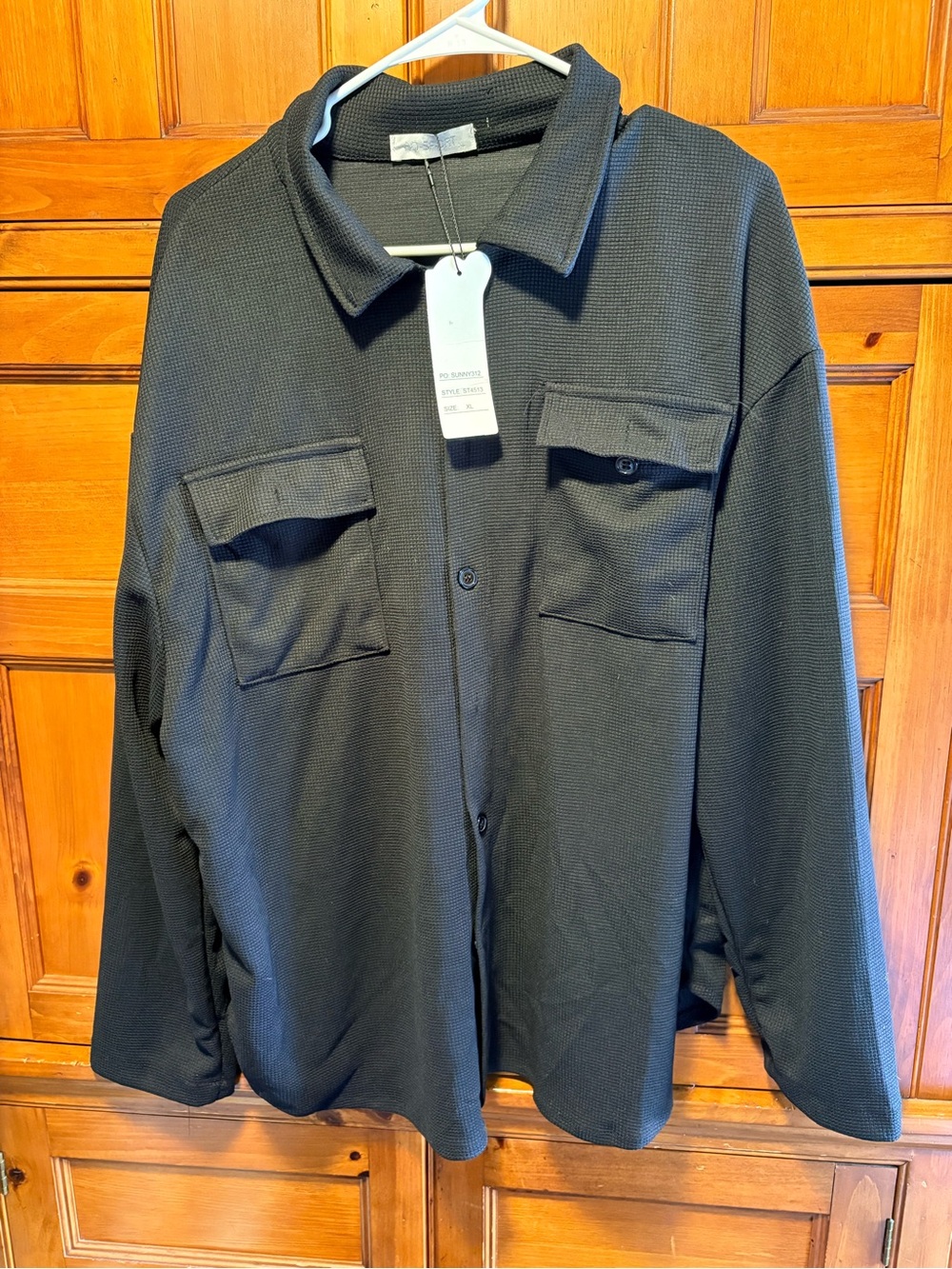 Waffle Knit Black Button-Down Shirt Jacket for Women